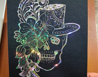 Impresión de lámina de calavera, diseño de flores zentangle con impresión de arte de lámina de calavera, decoración de arte de lámina de pared, regalo para él, impresión de arte de regalo de cumpleaños