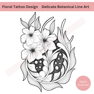 Floral Tattoo Design – Delicate Botanical Line Art PNG PDF – Feminine Ornamental Tattoo Flash