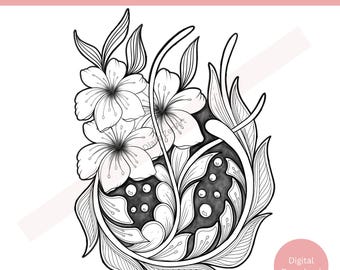 Puede incluir: Diseño de tatuaje floral en blanco y negro con delicadas flores y hojas. El diseño es intrincado y detallado, con un enfoque en elementos botánicos. La imagen es adecuada para usar como diseño de tatuaje o para otros proyectos creativos.