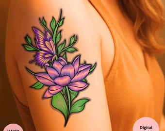 Lotus Butterfly Tattoo Design - Floral Linework (Digital Download)