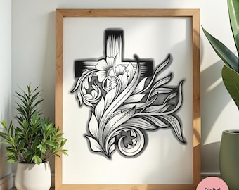 Floral Cross Design for Women – Faith Inspired Linework, Elegant Botanical Illustration, Printable Wall Decor Digital Download