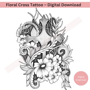 Floral Cross Tattoo Design – Hand-Drawn Spiritual Line Art PNG PDF – Religious Symbol Digital Tattoo Flash