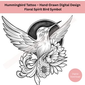 Diseño de tatuaje de colibrí • Arte lineal de pájaro floral dibujado a mano • Símbolo de alegría, resiliencia y belleza • Descarga digital