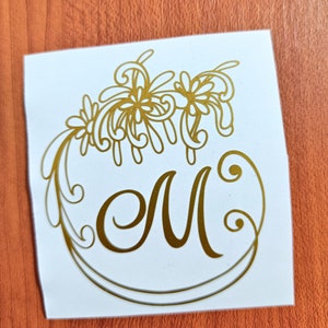 Monograma con calcomanía de vinilo con diseño de arte de línea floral, calcomanía de vinilo con letras personalizadas, calcomanía para computadora portátil, calcomanía de monograma elegante, calcomanía de regalo