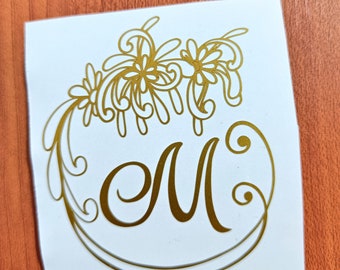 Monogramme avec dessin au trait floral art design, lettre lettre personnalisée en vinyle, sticker pour ordinateur portable, sticker monogramme élégant, sticker cadeau