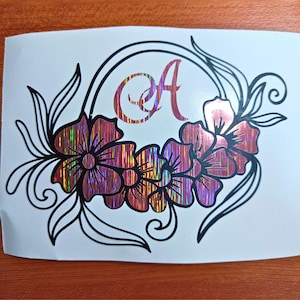 Calcomanía de vinilo en capas con monograma floral, calcomanía de vinilo de flor inicial de 2 colores, carta elegante con calcomanía de vinilo de flores en capas, calcomanía personalizada