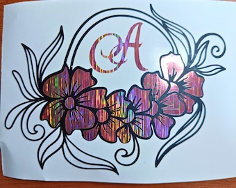 Sticker vinyle en couches monogramme floral, sticker en vinyle fleur initiale 2 couleurs, lettre élégante avec sticker fleurs en couches, sticker personnalisé
