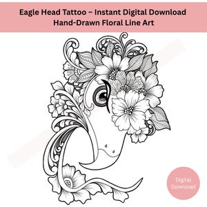 Diseño de tatuaje de cabeza de águila • Arte lineal de pájaro floral dibujado a mano • Tatuaje simbólico de fuerza y visión • Descarga digital