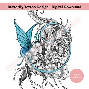 Butterfly Tattoo Design – Ornamental Floral Line Art PNG PDF – Hand-Drawn Symbolic Tattoo Flash Download
