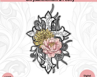 Chrysanthemum & Peony Cross Tattoo Design • November Birth Flowers (Digital Download)