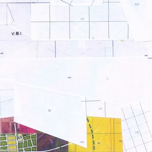 May include: A collage of paper fragments featuring white grid patterns, numbered sections including 16, 17, 18, 49, and 50, and a map segment with a red dot. The composition includes text fragments, V.81, N21/W10, and various colored paper scraps.