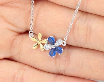 925 Sterling Silver Blue Sapphire Daisy Flower CZ Pendant Necklace SEN1014