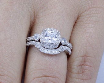 925 Sterling Silver Princess Cut Halo Cz Diamond Simulant Wedding Band Engagement Ring Set, 2pc Ring Set, Bridal Rings Set Size 2.5-15 S67