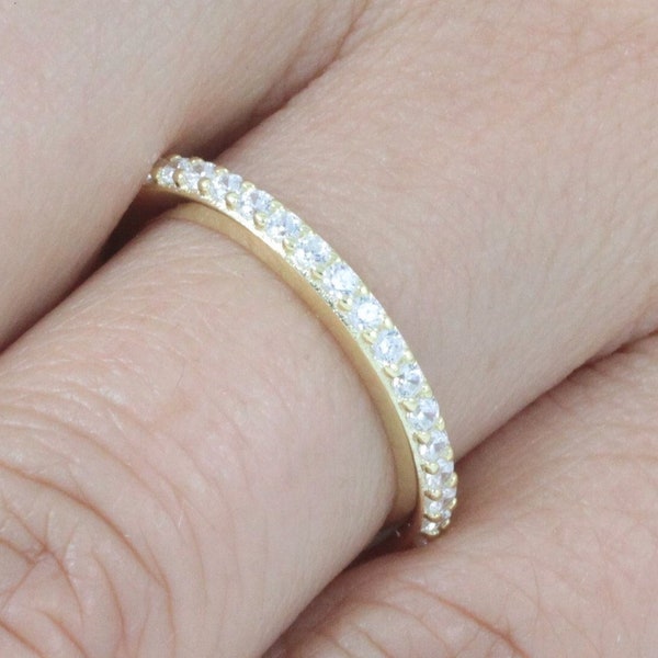 1.9mm Yellow Gold Over 925 Sterling Silver Skinny Stack-able Half Eternity CZ Wedding Band Engagement Bridal Ring Size 2.5-15 SA52Y