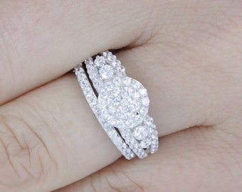 2pcs 925 Sterling Silver CZ Wedding Band Bridal Ring Set CZ Engagement Rings Set Ring Guard Women's Size 3-12 BRI035