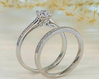 2Pc 925 Sterling Silver Stack-able Half Eternity Wedding Band Round Solitaire CZ Engagement Ring Bridal Rings Set For Women 2.5-15 S7950