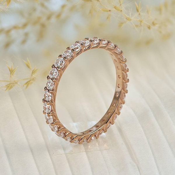 2.5mm Eternity Rose Gold Over 925 Sterling Silver Stack-able Stacking CZ Engagement Ring Wedding Band Ring Guard Women's Size 2.5-15 R3405