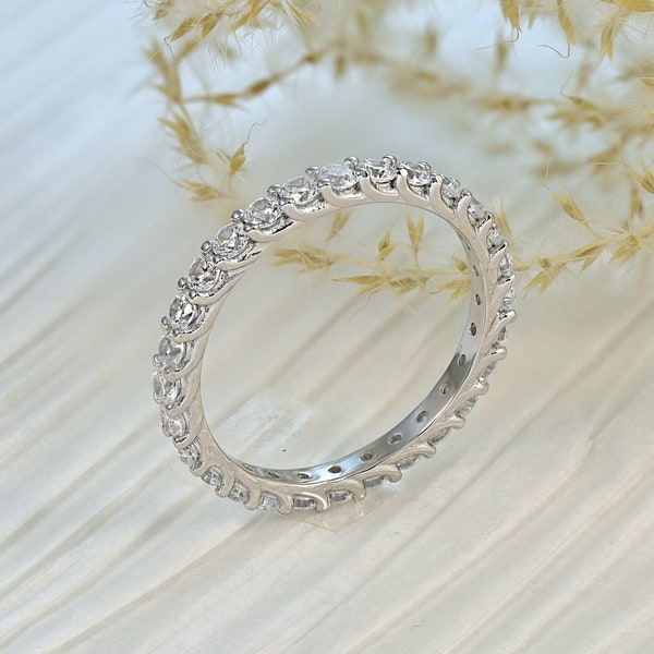 Stack-able Eternity CZ Engagement Ring 925 Sterling Silver Diamond Simulant Celebration Bridal Ring Wedding Band Women Size 1.5-15 Ss3405