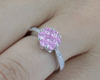 Unique Man-made Pink Sapphire Halo 925 Sterling Silver CZ Engagement Ring Wedding Band Women's Size Gift 3-15 SR5156