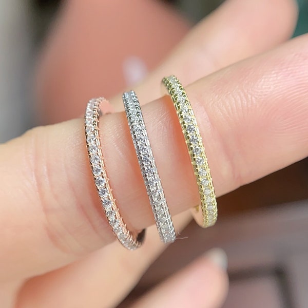 1.3mm Skinny Full Eternity Ring, Rose Gold Yellow Gold 925 Sterling Silver CZ Wedding Band, Stacking Ring, Ring Guard Sizes 1-15 SE1413A