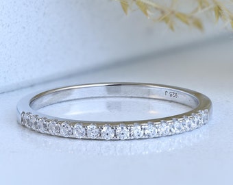 1.8mm CZ Diamond Wedding Band, 925 Sterling Silver Half Eternity Ring, Ring Guard, Skinny, Stacking Bridal Wedding Ring Size 2.5-15 S6699
