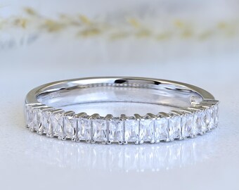 Baguette Diamond CZ Wedding Band Engagement Ring, Wedding Ring, Half Eternity Band, Sterling Silver Celebration Ring Guard Size 3-12 S9396