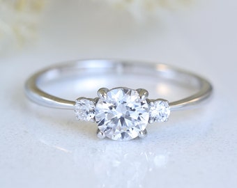Petite Round 3-stone CZ Engagement Ring, Diamond Wedding Ring, Round Cut Dainty Bridal Ring, Sterling Silver Promise Ring Size 3-12 S13941