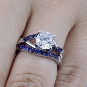 925 Sterling Silver Navy Blue CZ Stone Wedding Band Engagement Ring Bridal Rings Set Size 5-6 Ss764