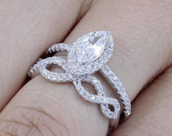 2PC 925 Sterling Silver Marquise Cut Halo Diamond Simulant CZ Engagement Ring Eternity Wedding Band Bridal Rings Set Women Size 3-15 SE1214
