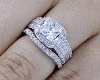 2PC 925 Sterling Silver Princess Cut Halo CZ Diamond Simulant Wedding Band CZ Engagement Ring Bridal Rings Set Women's Size 3-15 S83