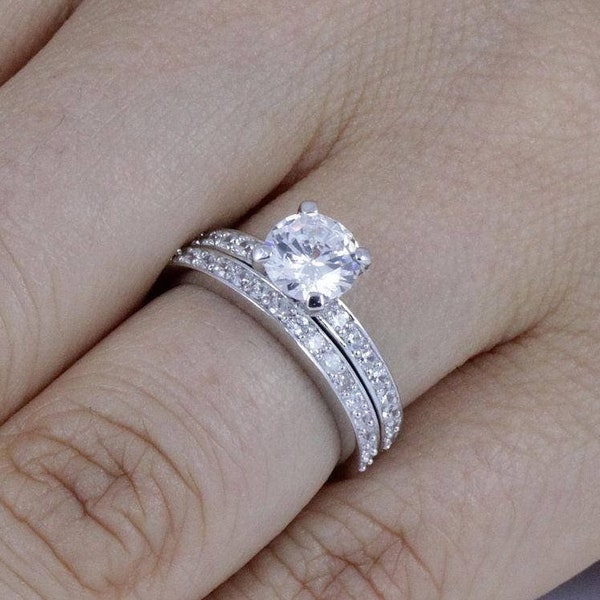 925 Sterling Silver Round Cut Solitaire Wedding Band CZ Engagement Ring Guard Bridal Rings Set Women's Size 3-12 SS60