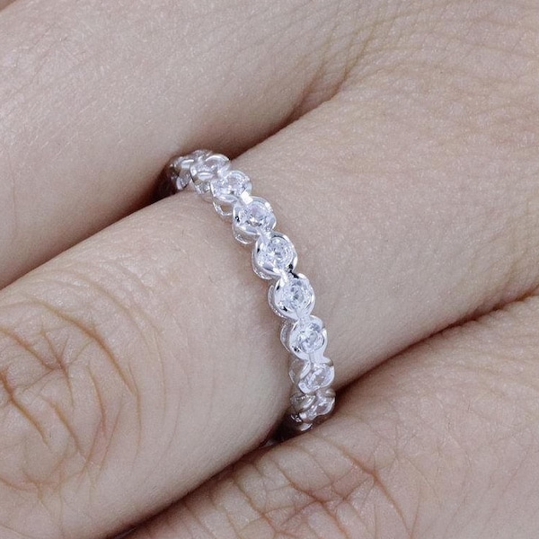 925 Sterling Silver Stackable Stacking CZ Eternity Wedding Band Skinny Engagement Ring Guard Women Size 2.5-15 Half Sizes Available SSR10A