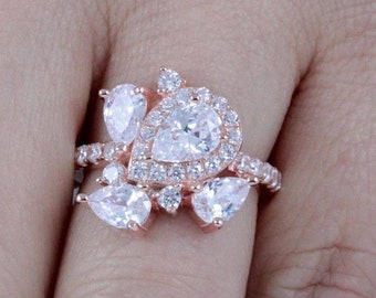 Rose Gold Over .925 Sterling Silver Cluster CZ Fashion Ring Pear Halo Bridal Celebration Anniversary Ring Cocktail Ring Band Size 3-15 S5506