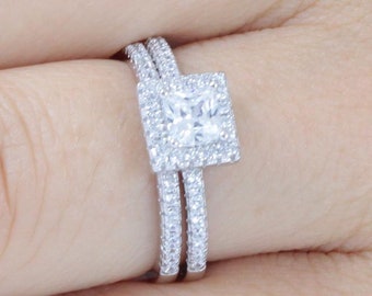 White Gold /.925 Sterling Silver Princess cut Diamond 2pc Engagement Ring Set 