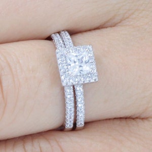 2pc 925 Sterling Silver Diamond Simulant Princess Cut Halo Wedding Band CZ Engagement Ring Dainty Bridal Rings Set Women Size 2.5-15 ML177