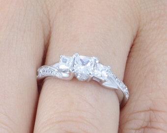 Princess Cut 3-stone 925 Sterling Silver CZ Engagement Ring Wedding Band Ring Guard Bridal Ring Size 3-14 S3342