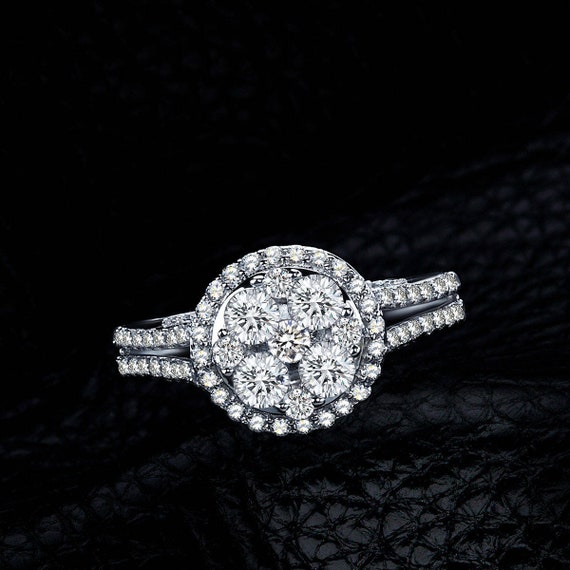 Princess Kylie Halo Set Round Center Cubic Zirconia Split Band Wedding Ring Rhodium Plated Sterling Silver