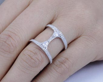 925 Sterling Silver CZ Double Band Ring, Fashion Cocktail Ring, Statement Ring, Diamond Engagement Ring Wedding Band Women Size 3-15 M3608