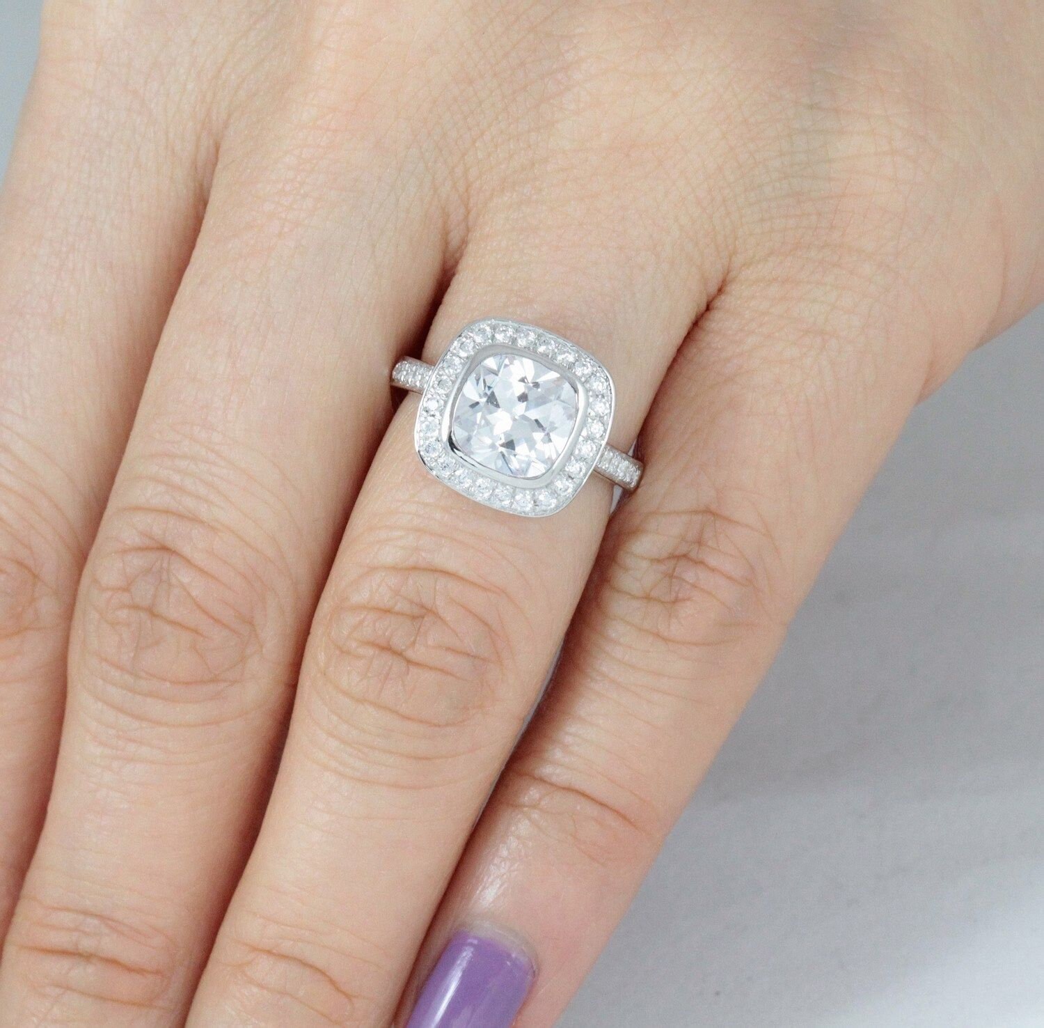 4 TCW .925 Silver Cushion Cut Halo CZ Wedding Engagement Cocktail Ring Size 10 4 TCW .925 Silver Cushion Cut Halo CZ Wedding Engagement Cocktail Ring Size 10