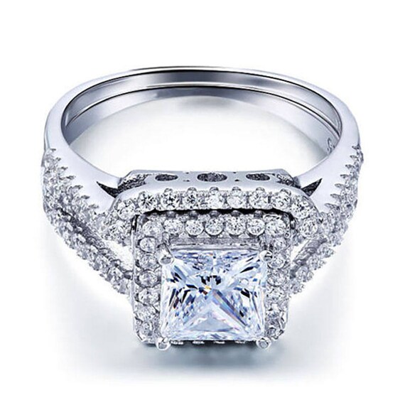 1.25 ct Princess cut Halo Bridal Wedding ring designer 2 Piece Set .925 Silver 1.25 ct Princess cut Halo Bridal Wedding ring designer 2 Piece Set .925 Silver
