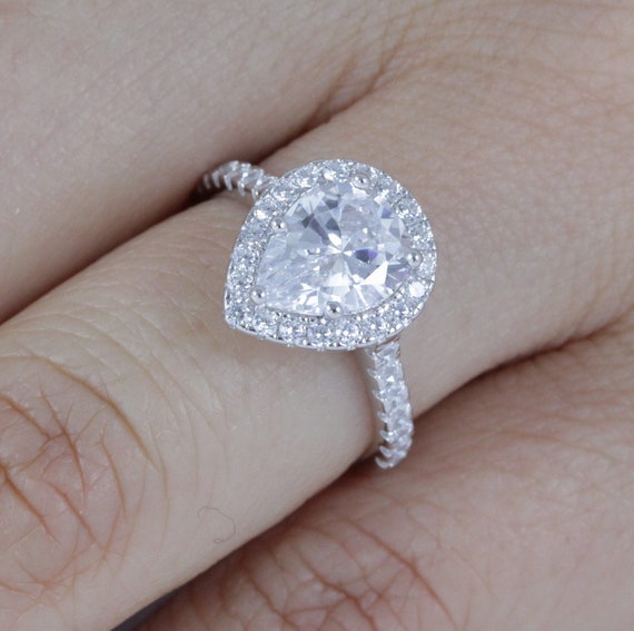 2ct Pear Cut Halo Solitaire 925 Sterling Silver CZ Engagement Ring
