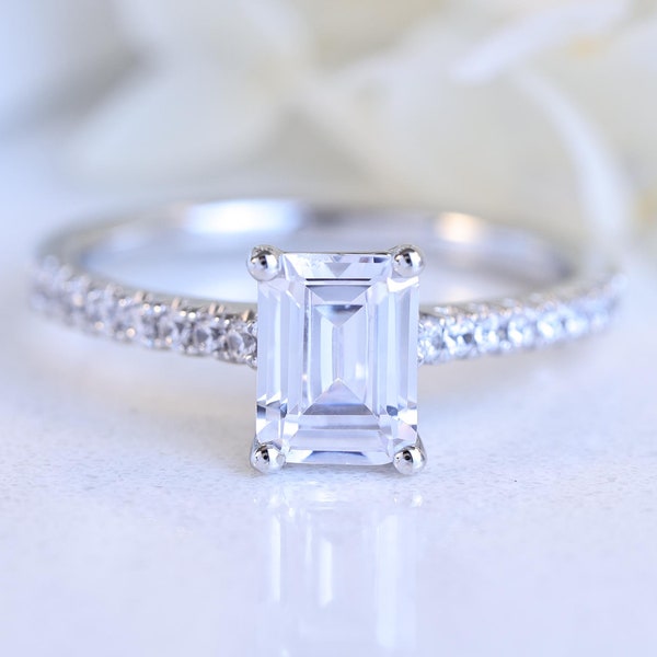 2Ct Emerald Cut Solitaire W/ Accent 925 Sterling Silver CZ Engagement Ring Bridal Fashion Ring Guard Wedding Band Women Size 2.5-15 ML6333