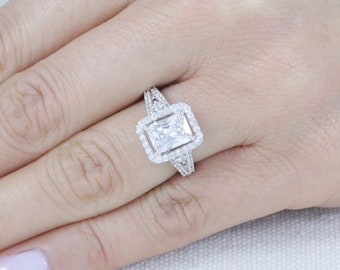 2ct Emerald Cut Princess Halo 925 Sterling Silver Wedding Band CZ Engagement Ring Women's Size 3-12 ENG016