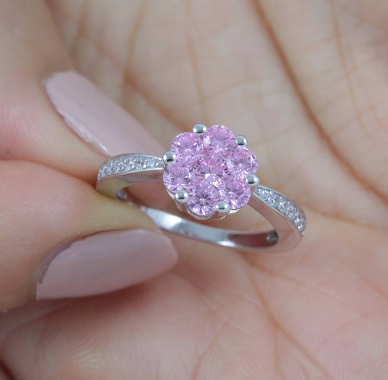 Unique Man-made Pink Sapphire Halo 925 Sterling Silver CZ Engagement Ring Wedding Band Women's Size Gift 3-15 SR5156 image 5