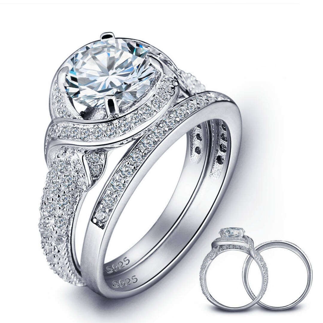 925 Sterling Silver Cz Halo Engagement Wedding Rings Set Women - Etsy