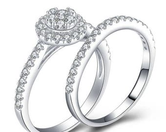 Chic Round Halo 925 Sterling Silver Wedding Band CZ Engagement Ring Guard Bridal Rings Set Women's Size 4-11 S49