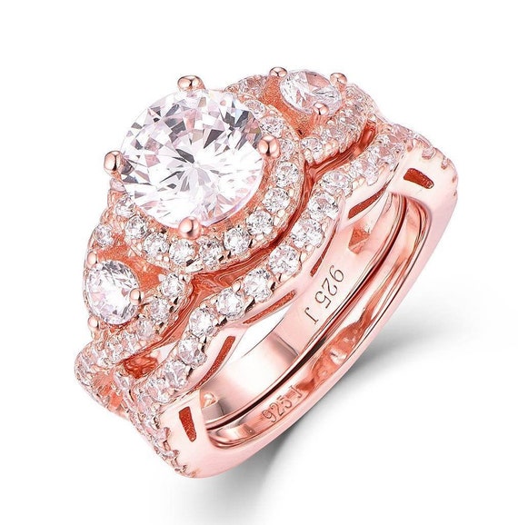 Wedding Rings Women Engagement Ring Set 2ct Sterling Silver Round  Cz Rose Gold 