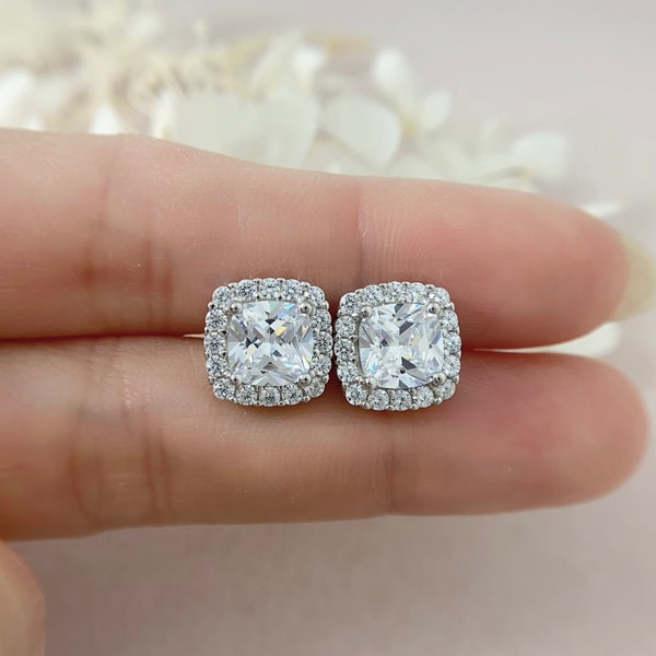 4Ct 925 Sterling Silver Cushion Cut Halo CZ Cubic Zirconia Stud Earrings, Large Diamond Studs SEC2715