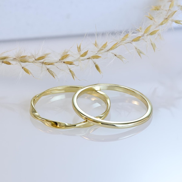 Set of 2 Plain 14K Gold Over 925 Sterling Silver Skinny Stack-able Rings Band, 1mm Band &1.5mm Twisted Band, Gold Rings Size 5-8 S017