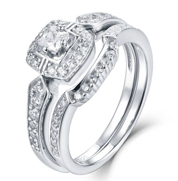 Solid 925 Sterling Silver 2-Piece CZ Cubic Zirconia Wedding Set Ring